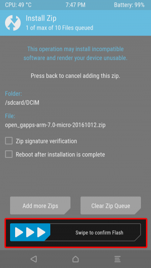 「open_gapps-arm-7.0-micro-20161012.zip」を選択して画面下の方の「Swipe to confirm Flash」をスワイプしてインストールします。
